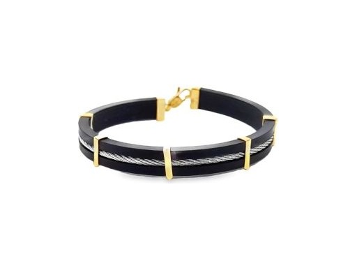 Black Leather Bracelet with Steel Cable and 18K Yellow Gold Accents